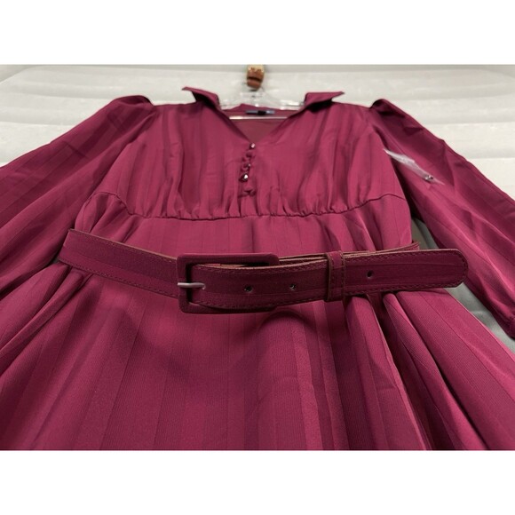 ModCloth Women 6 Dress Belted Fit Flare Burgundy Midi Long Sleeve Vintage Style - Picture 5 of 15